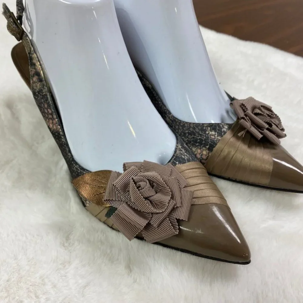 Beverly Feldman VINTAGE Patent Faux Snakeskin Rosette Slingback Heels, size 8.5‎